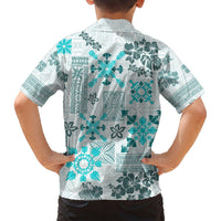 Aqua Hawaiian shirt back with tapa quilt tribal pattern, short sleeves, collar