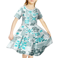 Hawaii Tapa Tribal Kid Short Sleeve Dress With Hawaiian Quilt Pattern Aqua - Wonder Print Shop