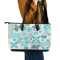 Hawaii Tapa Tribal Leather Tote Bag With Hawaiian Quilt Pattern Aqua - Wonder Print Shop