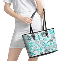 Hawaii Tapa Tribal Leather Tote Bag With Hawaiian Quilt Pattern Aqua - Wonder Print Shop