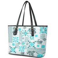 Hawaii Tapa Tribal Leather Tote Bag With Hawaiian Quilt Pattern Aqua - Wonder Print Shop
