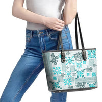 Hawaii Tapa Tribal Leather Tote Bag With Hawaiian Quilt Pattern Aqua - Wonder Print Shop