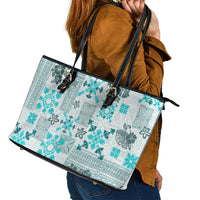 Hawaii Tapa Tribal Leather Tote Bag With Hawaiian Quilt Pattern Aqua - Wonder Print Shop