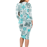 Hawaii Tapa Tribal Long Sleeve Bodycon Dress With Hawaiian Quilt Pattern Aqua - Wonder Print Shop