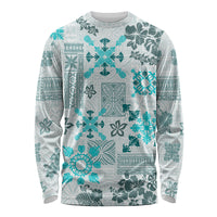 Hawaii Tapa Tribal Long Sleeve Shirt With Hawaiian Quilt Pattern Aqua - Wonder Print Shop