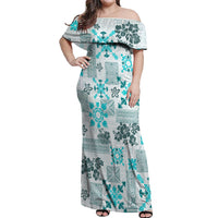 Hawaii Tapa Tribal Off Shoulder Maxi Dress With Hawaiian Quilt Pattern Aqua - Wonder Print Shop