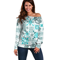 Hawaii Tapa Tribal Off Shoulder Sweater With Hawaiian Quilt Pattern Aqua - Wonder Print Shop