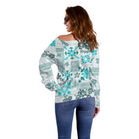 Hawaii Tapa Tribal Off Shoulder Sweater With Hawaiian Quilt Pattern Aqua - Wonder Print Shop
