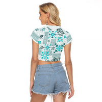 Hawaii Tapa Tribal Raglan Cropped T Shirt With Hawaiian Quilt Pattern Aqua - Wonder Print Shop