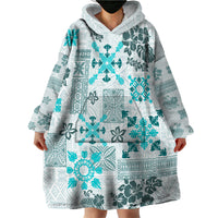 Hawaii Tapa Tribal Wearable Blanket Hoodie With Hawaiian Quilt Pattern Aqua - Wonder Print Shop