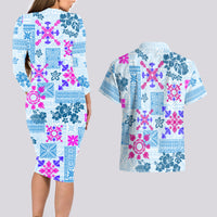 Hawaii Tapa Tribal Couples Matching Long Sleeve Bodycon Dress and Hawaiian Shirt With Hawaiian Quilt Pattern Blue LT9 - Wonder Print Shop