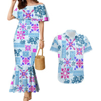 Hawaii Tapa Tribal Couples Matching Mermaid Dress and Hawaiian Shirt With Hawaiian Quilt Pattern Blue LT9 - Wonder Print Shop