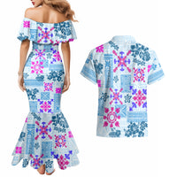 Hawaii Tapa Tribal Couples Matching Mermaid Dress and Hawaiian Shirt With Hawaiian Quilt Pattern Blue LT9 - Wonder Print Shop
