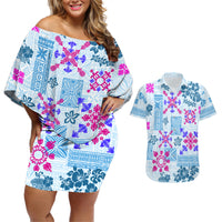 Hawaii Tapa Tribal Couples Matching Off Shoulder Short Dress and Hawaiian Shirt With Hawaiian Quilt Pattern Blue LT9 - Wonder Print Shop