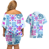 Hawaii Tapa Tribal Couples Matching Off Shoulder Short Dress and Hawaiian Shirt With Hawaiian Quilt Pattern Blue LT9 - Wonder Print Shop