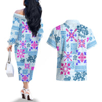 Hawaii Tapa Tribal Couples Matching Off The Shoulder Long Sleeve Dress and Hawaiian Shirt With Hawaiian Quilt Pattern Blue LT9 - Wonder Print Shop