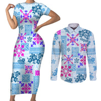 Hawaii Tapa Tribal Couples Matching Short Sleeve Bodycon Dress and Long Sleeve Button Shirt With Hawaiian Quilt Pattern Blue LT9 - Wonder Print Shop