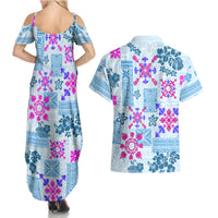 Hawaii Tapa Tribal Couples Matching Summer Maxi Dress and Hawaiian Shirt With Hawaiian Quilt Pattern Blue LT9 - Wonder Print Shop