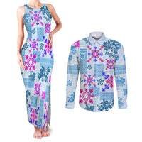 Hawaii Tapa Tribal Couples Matching Tank Maxi Dress and Long Sleeve Button Shirt With Hawaiian Quilt Pattern Blue LT9 - Wonder Print Shop