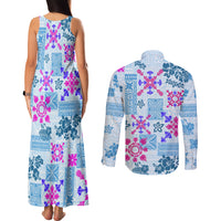 Hawaii Tapa Tribal Couples Matching Tank Maxi Dress and Long Sleeve Button Shirt With Hawaiian Quilt Pattern Blue LT9 - Wonder Print Shop