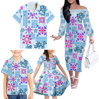 Hawaii Tapa Tribal Family Matching Off Shoulder Long Sleeve Dress and Hawaiian Shirt With Hawaiian Quilt Pattern Blue - Wonder Print Shop