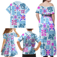 Hawaii Tapa Tribal Family Matching Off Shoulder Maxi Dress and Hawaiian Shirt With Hawaiian Quilt Pattern Blue LT9 - Wonder Print Shop