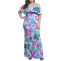 Hawaii Tapa Tribal Family Matching Off Shoulder Maxi Dress and Hawaiian Shirt With Hawaiian Quilt Pattern Blue LT9 - Wonder Print Shop