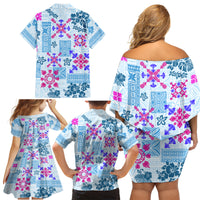 Hawaii Tapa Tribal Family Matching Off Shoulder Short Dress and Hawaiian Shirt With Hawaiian Quilt Pattern Blue LT9 - Wonder Print Shop