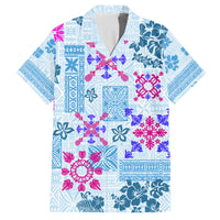 Hawaii Tapa Tribal Family Matching Off Shoulder Short Dress and Hawaiian Shirt With Hawaiian Quilt Pattern Blue LT9 - Wonder Print Shop