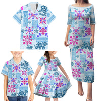 Hawaii Tapa Tribal Family Matching Puletasi Dress and Hawaiian Shirt With Hawaiian Quilt Pattern Blue - Wonder Print Shop