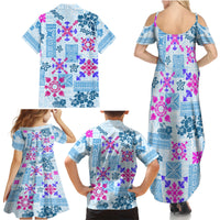 Hawaii Tapa Tribal Family Matching Summer Maxi Dress and Hawaiian Shirt With Hawaiian Quilt Pattern Blue - Wonder Print Shop