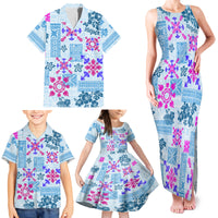 Hawaii Tapa Tribal Family Matching Tank Maxi Dress and Hawaiian Shirt With Hawaiian Quilt Pattern Blue - Wonder Print Shop