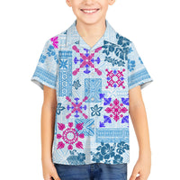 Kids blue Hawaiian shirt with quilt-style floral and geometric print, button-up collar