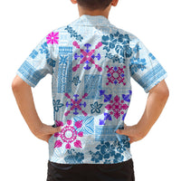 Kids blue Hawaiian shirt back view with quilt-style floral and geometric pattern, short sleeves