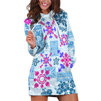 Hawaii Tapa Tribal Hoodie Dress With Hawaiian Quilt Pattern Blue - Wonder Print Shop
