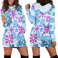 Hawaii Tapa Tribal Hoodie Dress With Hawaiian Quilt Pattern Blue - Wonder Print Shop