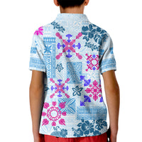 Hawaii Tapa Tribal Kid Polo Shirt With Hawaiian Quilt Pattern Blue - Wonder Print Shop