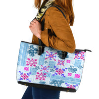 Hawaii Tapa Tribal Leather Tote Bag With Hawaiian Quilt Pattern Blue - Wonder Print Shop