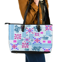 Hawaii Tapa Tribal Leather Tote Bag With Hawaiian Quilt Pattern Blue - Wonder Print Shop