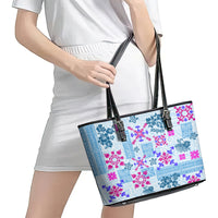 Hawaii Tapa Tribal Leather Tote Bag With Hawaiian Quilt Pattern Blue - Wonder Print Shop