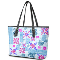 Hawaii Tapa Tribal Leather Tote Bag With Hawaiian Quilt Pattern Blue - Wonder Print Shop