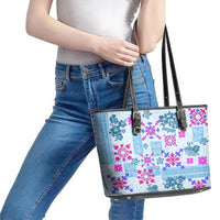 Hawaii Tapa Tribal Leather Tote Bag With Hawaiian Quilt Pattern Blue - Wonder Print Shop
