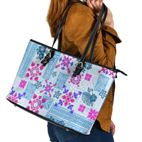 Hawaii Tapa Tribal Leather Tote Bag With Hawaiian Quilt Pattern Blue - Wonder Print Shop