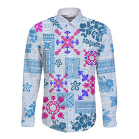 Hawaii Tapa Tribal Long Sleeve Button Shirt With Hawaiian Quilt Pattern Blue - Wonder Print Shop