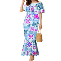 Hawaii Tapa Tribal Mermaid Dress With Hawaiian Quilt Pattern Blue - Wonder Print Shop