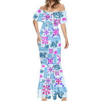 Hawaii Tapa Tribal Mermaid Dress With Hawaiian Quilt Pattern Blue - Wonder Print Shop