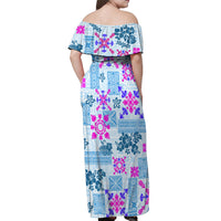 Hawaii Tapa Tribal Off Shoulder Maxi Dress With Hawaiian Quilt Pattern Blue - Wonder Print Shop