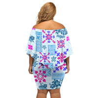 Hawaii Tapa Tribal Off Shoulder Short Dress With Hawaiian Quilt Pattern Blue - Wonder Print Shop