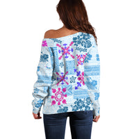 Hawaii Tapa Tribal Off Shoulder Sweater With Hawaiian Quilt Pattern Blue - Wonder Print Shop