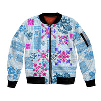 Hawaii Tapa Tribal Sleeve Zip Bomber Jacket With Hawaiian Quilt Pattern Blue - Wonder Print Shop